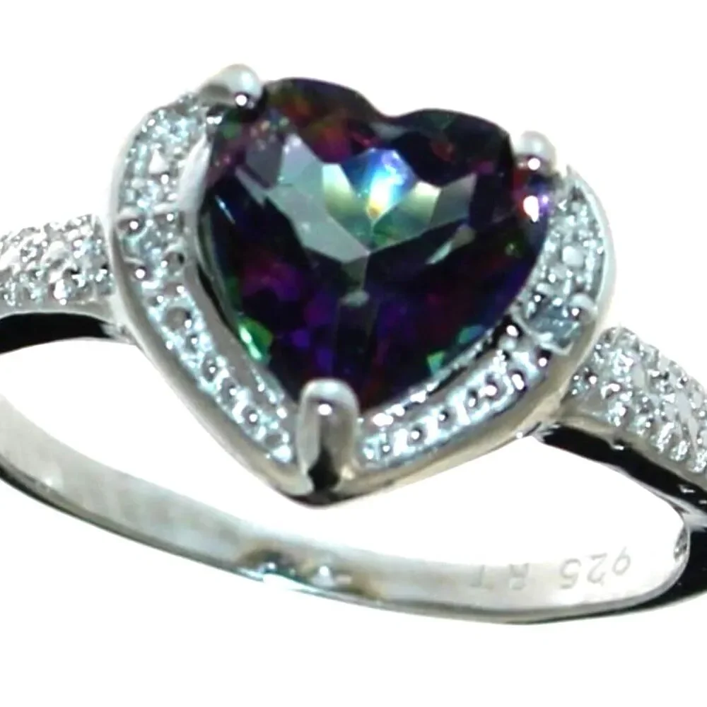Heart Shaped Mystic Topaz & Genuine Diamond Ring - New with box